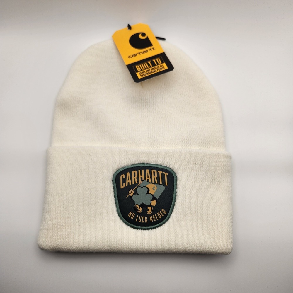 Carhartt Shamrock Patch White Beanie Hat Stretch One Size Men's NWT
